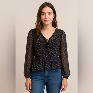 Hollister Sheer Boho Peasant Blouse Long Sleeve Black Floral Print XS
